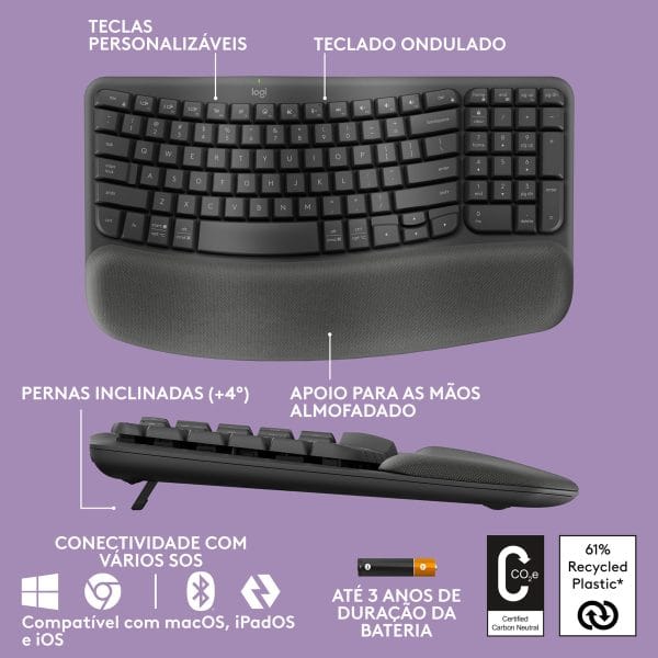 Teclado Ergonômico sem fio Logitech Wave Keys Layout US Grafite - Imagem 8