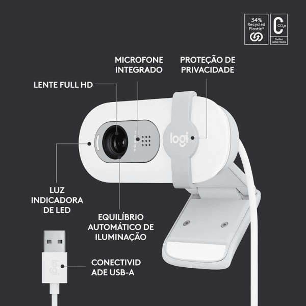 Webcam Full HD Logitech Brio 100 com Microfone Integrado, USB-C - Branco - Imagem 5