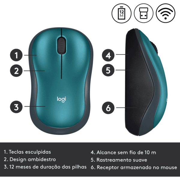 Mouse sem fio Logitech M185 2.4GHz com receptor USB Azul - Imagem 3