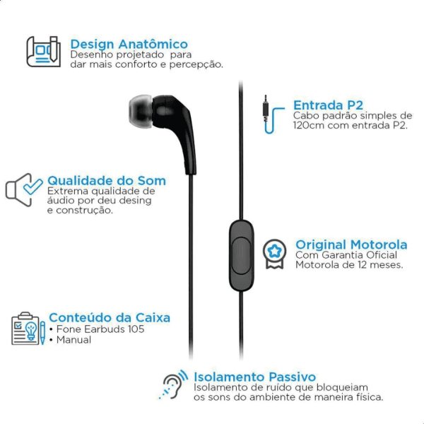 Motorola, Earbuds 2-S, Fone De Ouvido com Microfone, Preto - Imagem 2