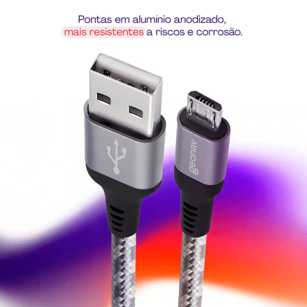 Geonav Cabo Micro USB, nylon trançado, para dispositivo Android e acessórios, 1,5 MT, Cinza - Imagem 2