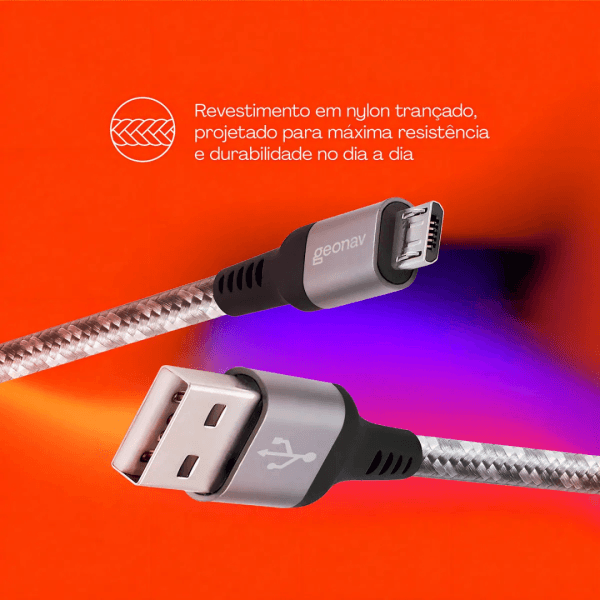 Geonav Cabo Micro USB, nylon trançado, para dispositivo Android e acessórios, 1,5 MT, Cinza - Imagem 5