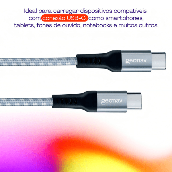 Geonav Cabo USB-C (tipo C) para USB-C (tipo C), 1,5 metros, nylon trançado, Cinza/Branco - Imagem 5