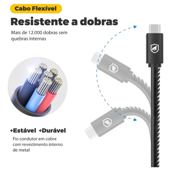 Cabo Turbo Militar Tipo C para Carregamento rápido 3A - Type C/USB A, Nylon trançado, 1,5 Metros - Imagem 6